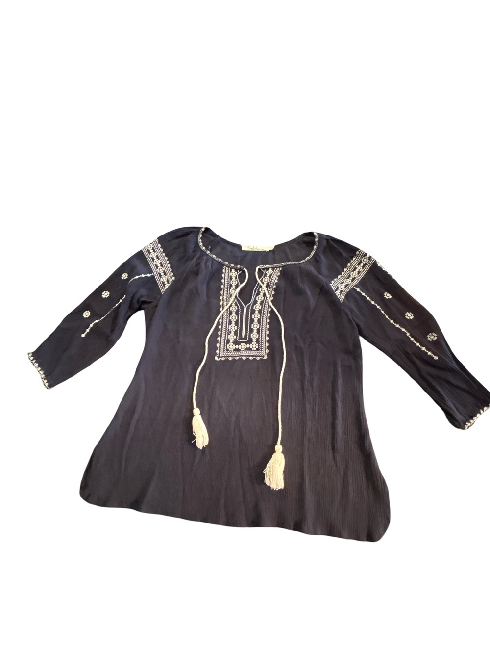 Solitaire Boho Embroidered Peasant Tunic Top Navy Blue Tassel Tie Neck Size S